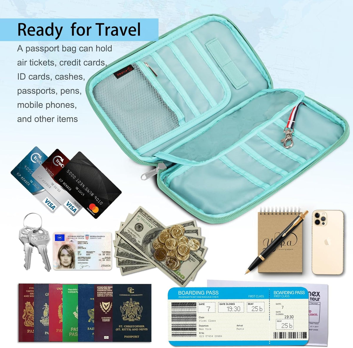Family Passport Holder for Travel, 6 People Big Capacity Clutch Bag | RFID Blocking, Travel Document Organizer, Pen Holder Keychain Credit Cards Case Cover, Blooming Hibiscus