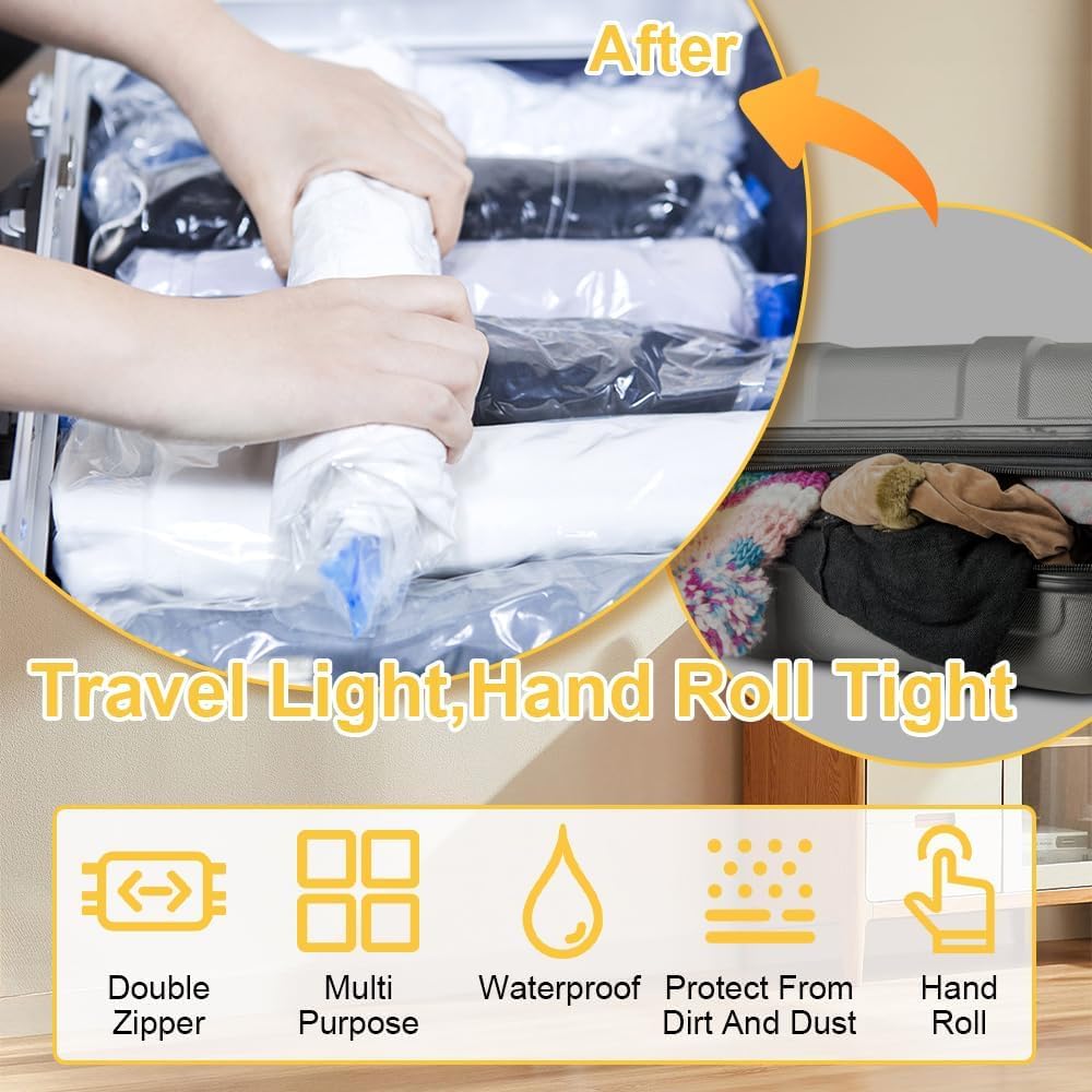 Roll Up Compression Bags No Pump, Compression Bags for Travel No Pump, 2026 Upgrade Spacesaver Bags No Vacuum for Luggage, Suitcase, And Airplane (10*mix)