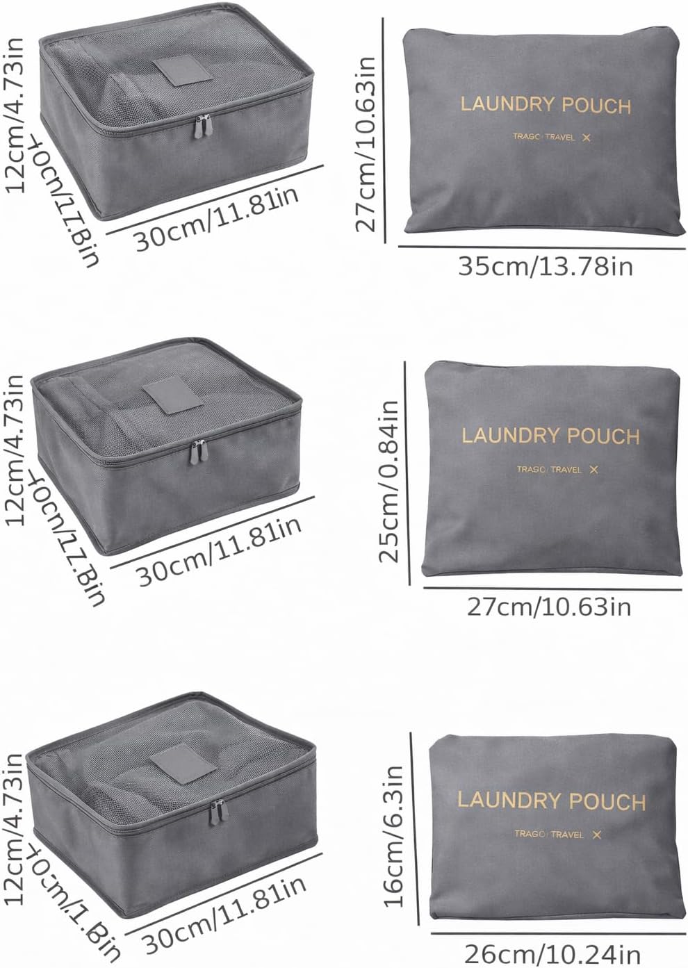 6 Set Travel Packing Cubes for Luggage – Laundry Pouch Organizer Bags, Lightweight Storage Pouches for Clothes, Shoes, and Toiletries (grey)