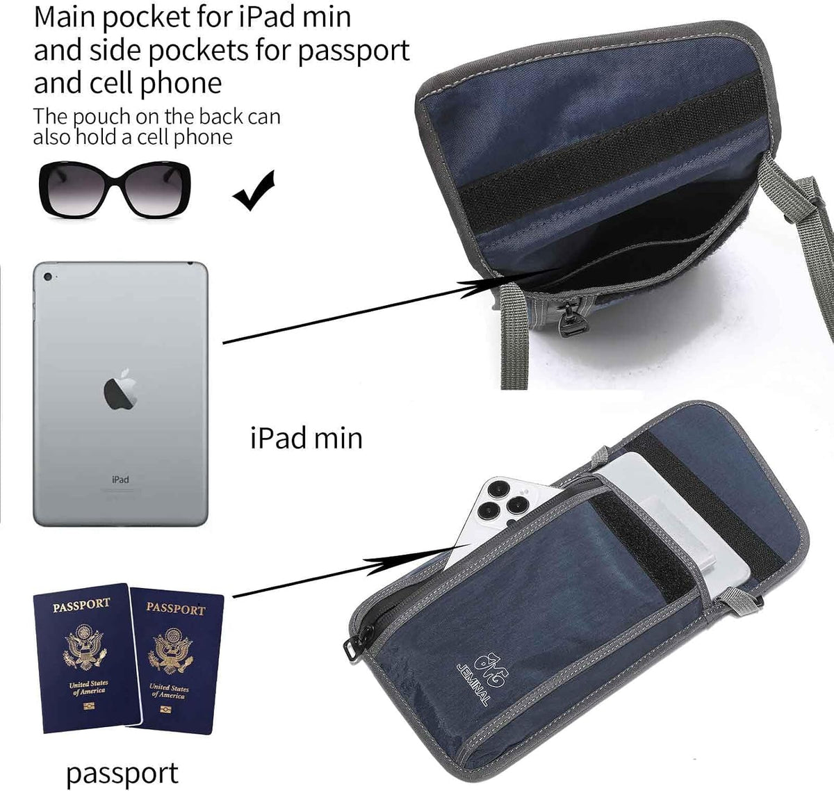 JEMINAL Passport ID Crossbody Phone Bag for Men & Women: Waterproof Small Phone Shoulder Handbag for lighty Camp Jog Travel
