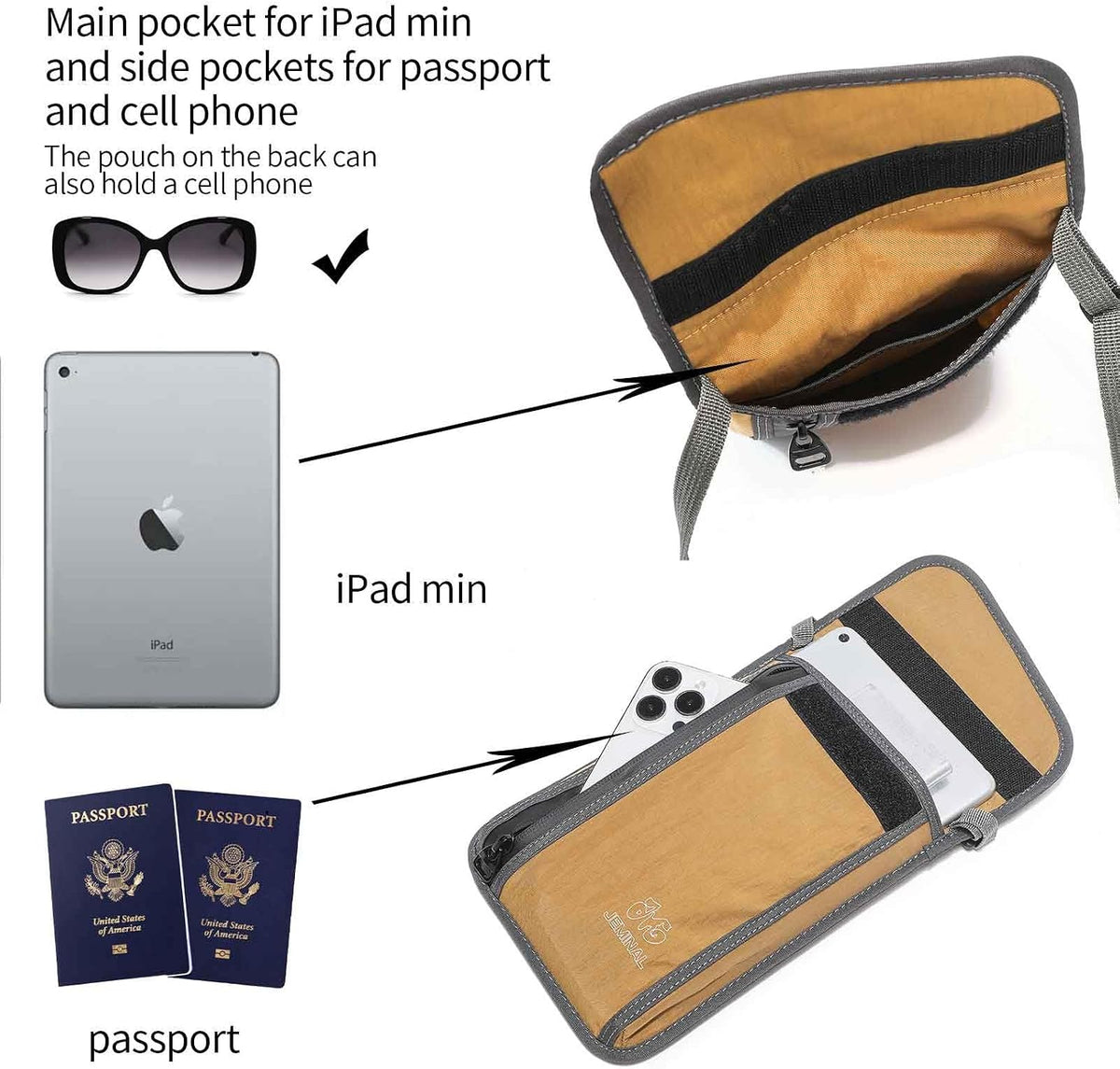 JEMINAL Passport ID Crossbody Phone Bag for Men & Women: Waterproof Small Phone Shoulder Handbag for lighty Camp Jog Travel