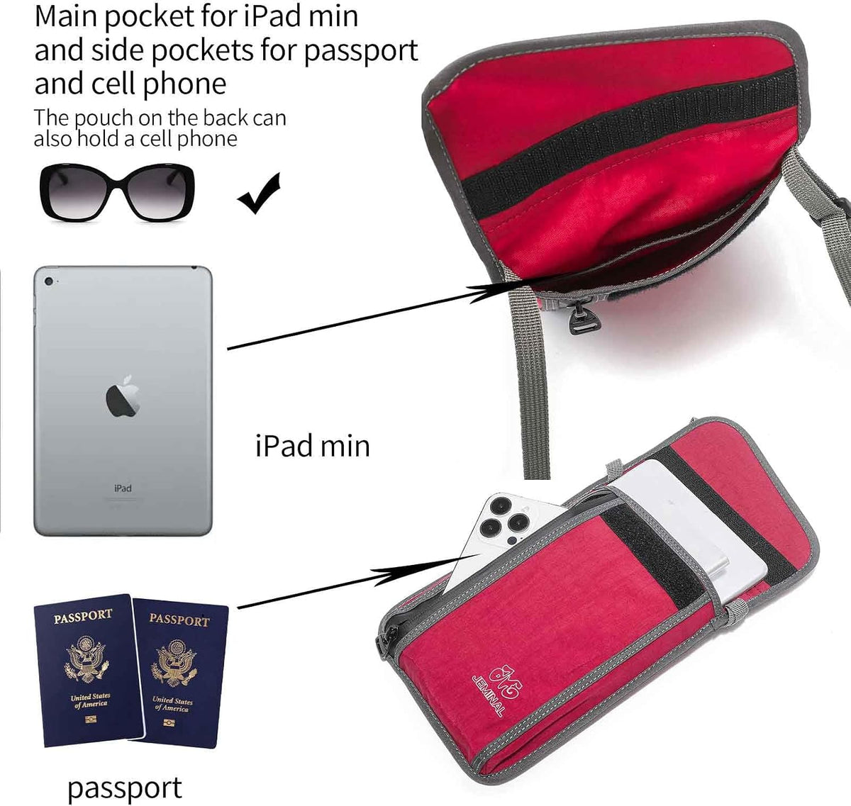 JEMINAL Passport ID Crossbody Phone Bag for Men & Women: Waterproof Small Phone Shoulder Handbag for lighty Camp Jog Travel