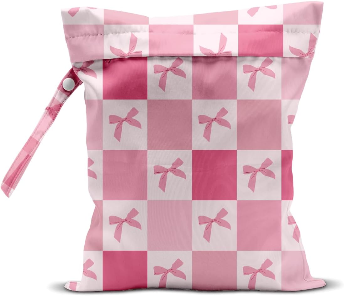 Pink Bow Checker Wet Bag for Swimsuit Travel Beach Baby Cloth Diapers