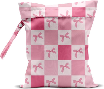 Pink Bow Checker Wet Bag for Swimsuit Travel Beach Baby Cloth Diapers
