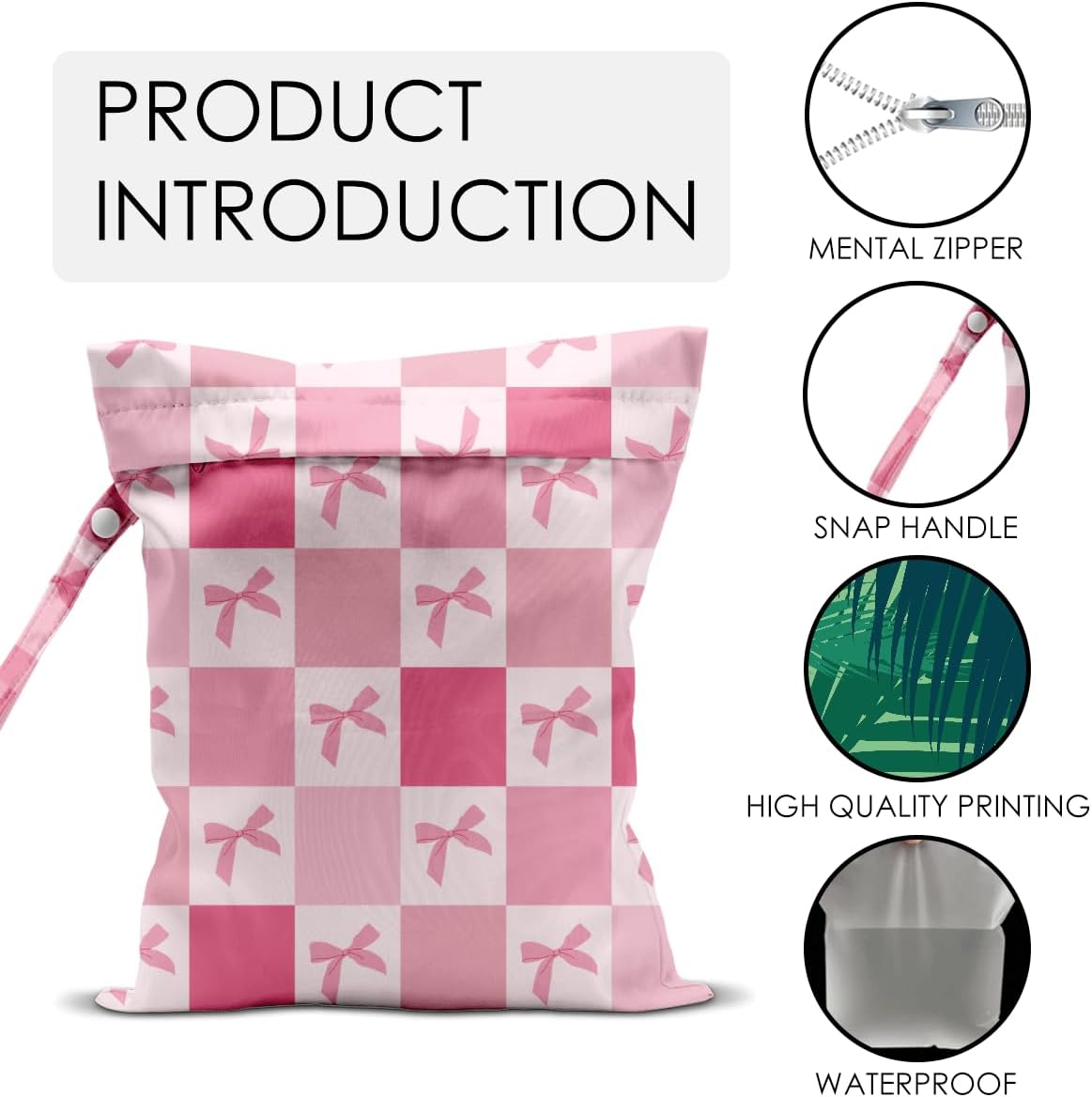 Pink Bow Checker Wet Bag for Swimsuit Travel Beach Baby Cloth Diapers