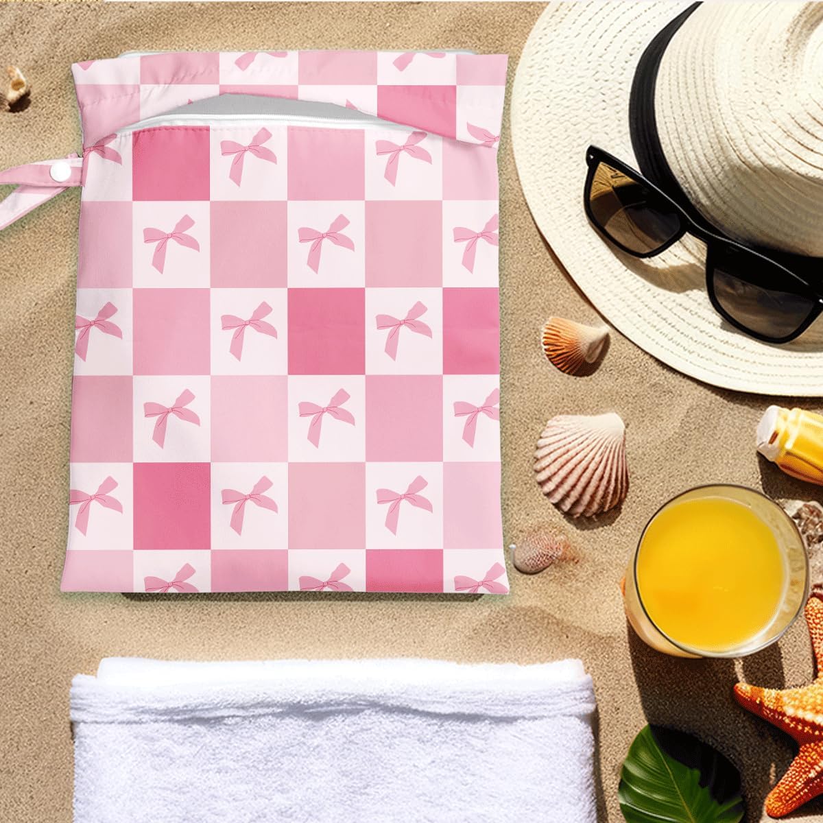 Pink Bow Checker Wet Bag for Swimsuit Travel Beach Baby Cloth Diapers