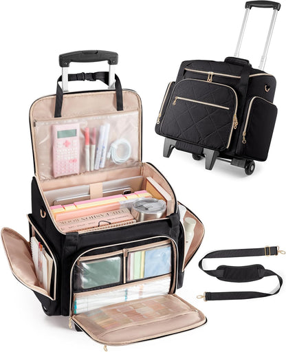 Rolling Teacher Bag with 15.6" Laptop Compartment, Wheeled Work Briefcase Tote with Detachable Trolley for Women, Pink