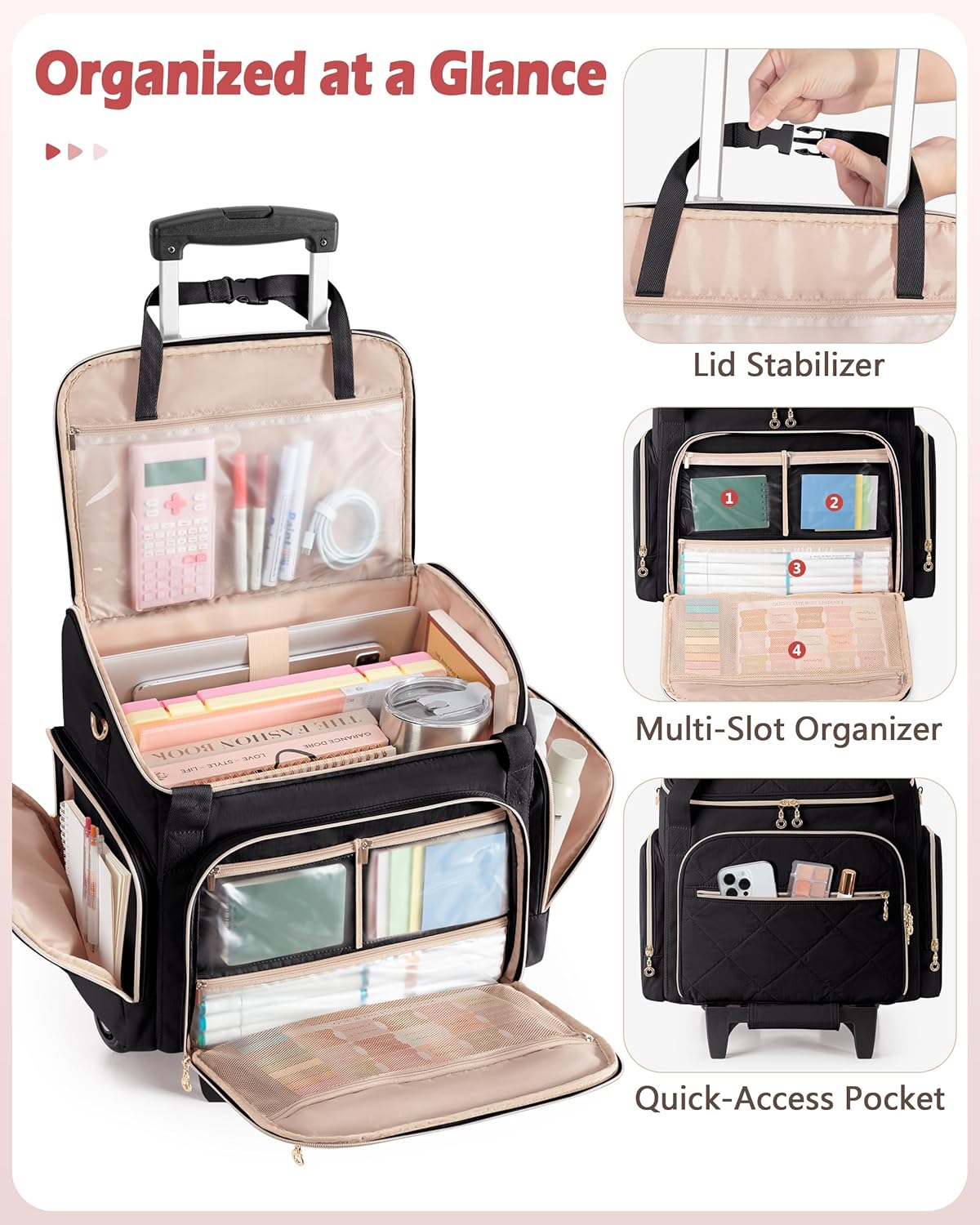 Rolling Teacher Bag with 15.6" Laptop Compartment, Wheeled Work Briefcase Tote with Detachable Trolley for Women, Pink