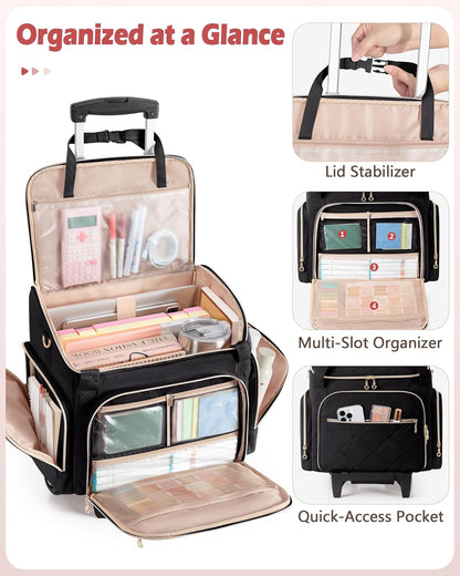 Rolling Teacher Bag with 15.6" Laptop Compartment, Wheeled Work Briefcase Tote with Detachable Trolley for Women, Pink