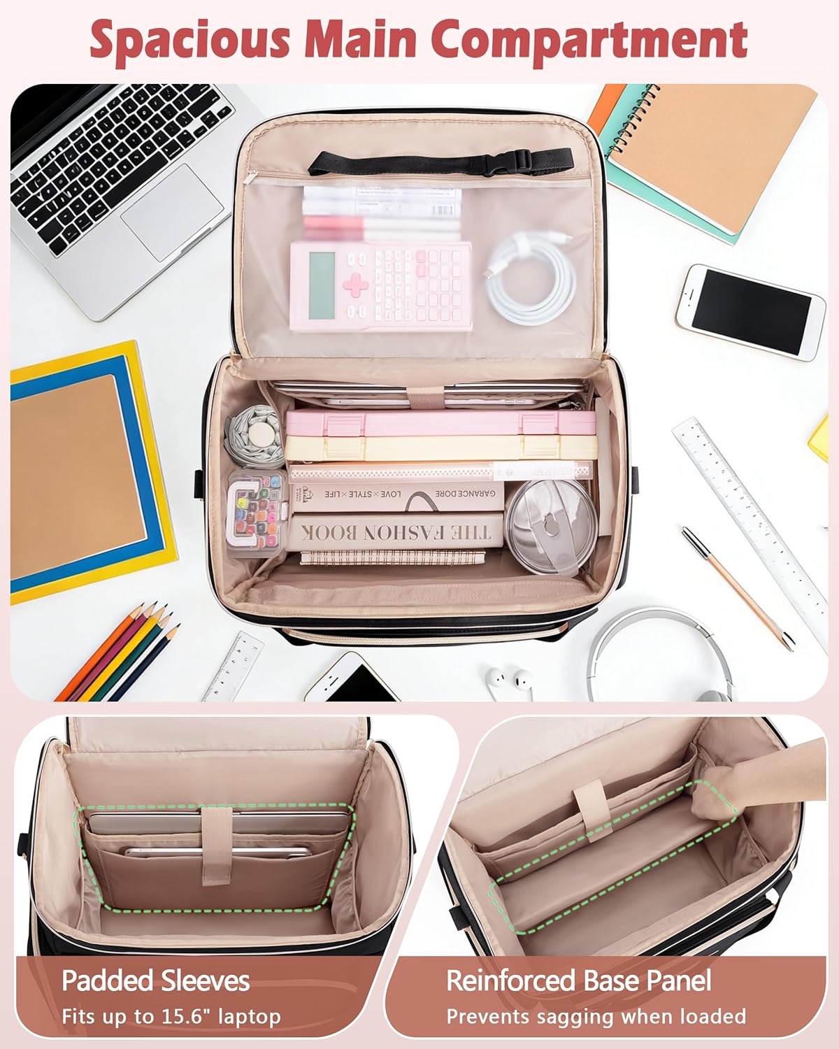 Rolling Teacher Bag with 15.6" Laptop Compartment, Wheeled Work Briefcase Tote with Detachable Trolley for Women, Pink