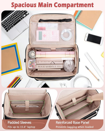 Rolling Teacher Bag with 15.6" Laptop Compartment, Wheeled Work Briefcase Tote with Detachable Trolley for Women, Pink