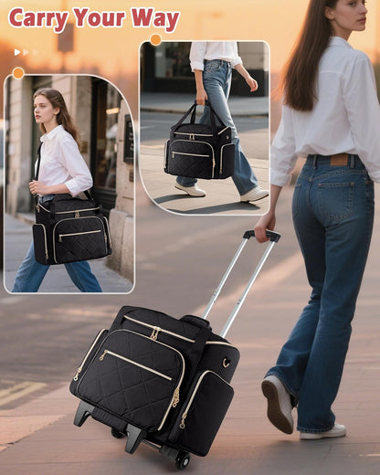 Rolling Teacher Bag with 15.6" Laptop Compartment, Wheeled Work Briefcase Tote with Detachable Trolley for Women, Pink