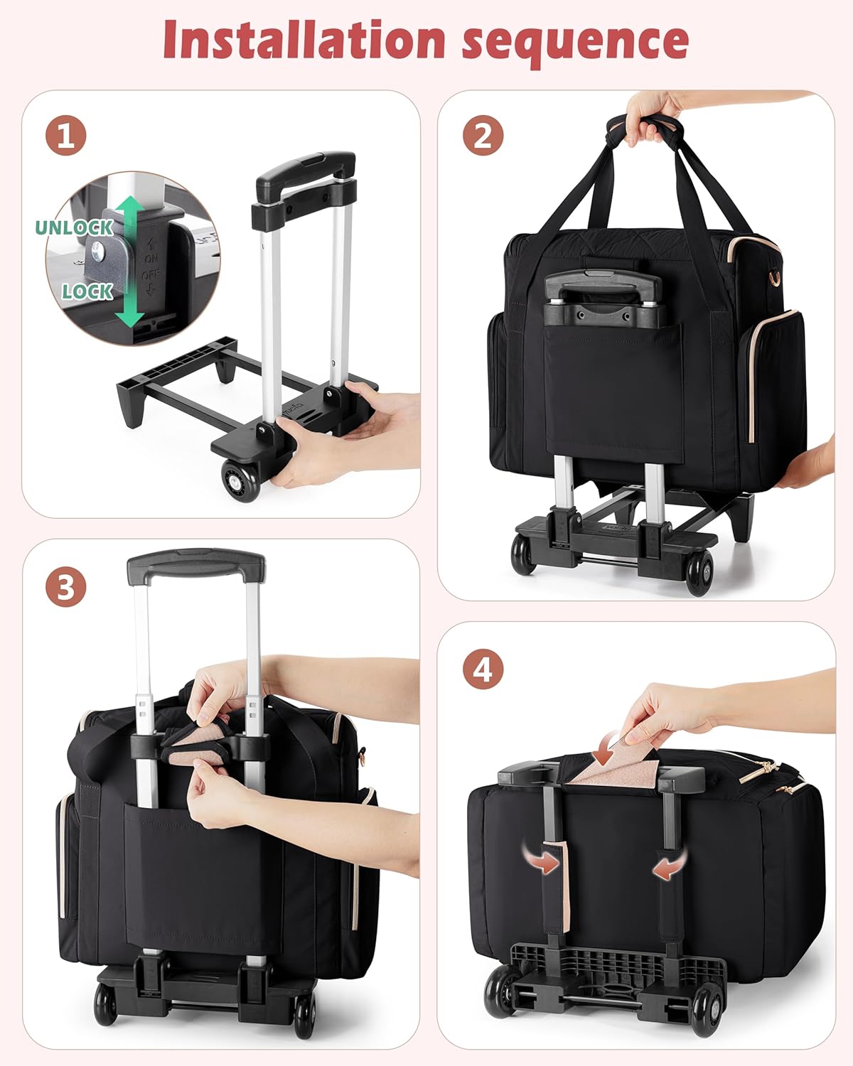 Rolling Teacher Bag with 15.6" Laptop Compartment, Wheeled Work Briefcase Tote with Detachable Trolley for Women, Pink