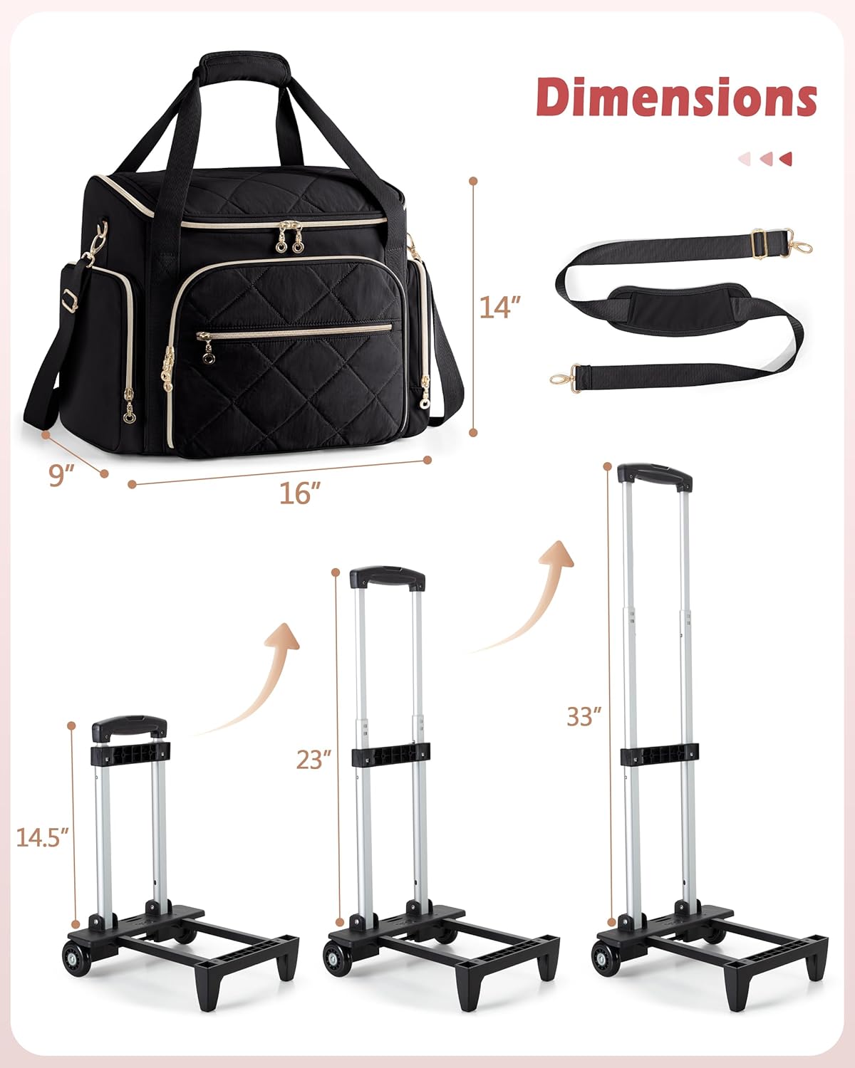 Rolling Teacher Bag with 15.6" Laptop Compartment, Wheeled Work Briefcase Tote with Detachable Trolley for Women, Pink