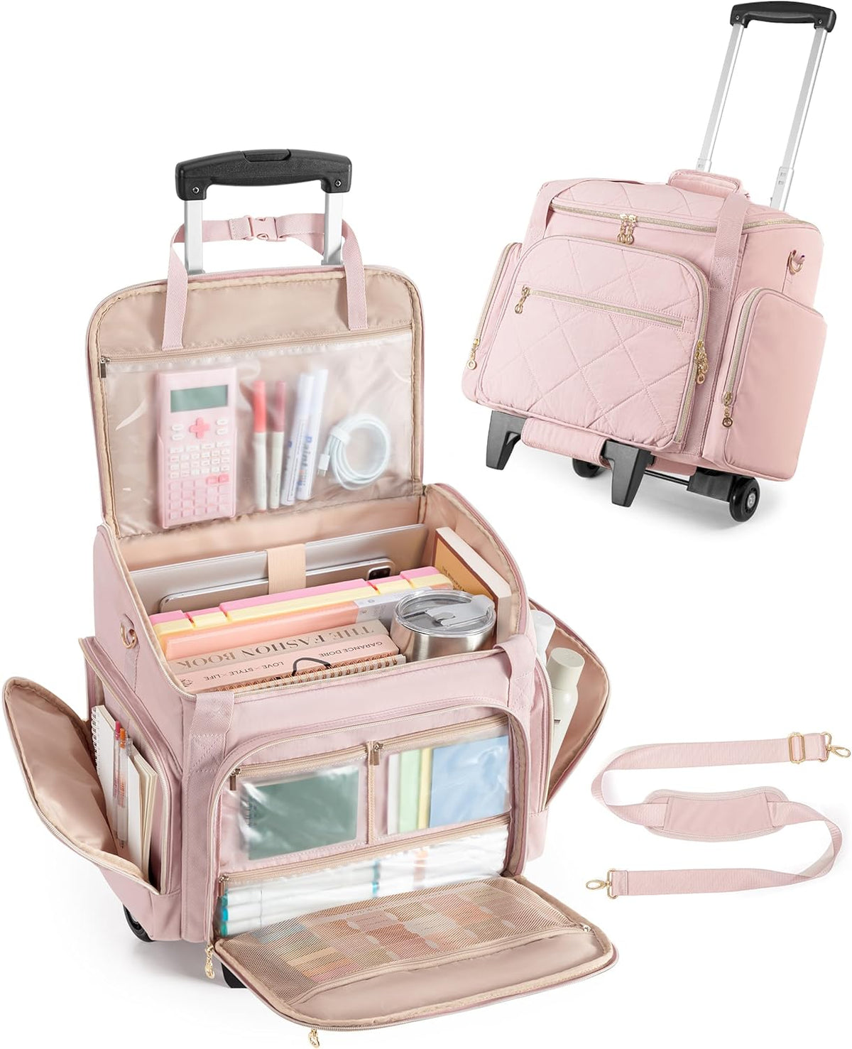 Rolling Teacher Bag with 15.6" Laptop Compartment, Wheeled Work Briefcase Tote with Detachable Trolley for Women, Pink