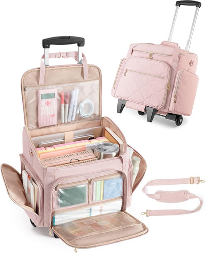 Rolling Teacher Bag with 15.6" Laptop Compartment, Wheeled Work Briefcase Tote with Detachable Trolley for Women, Pink