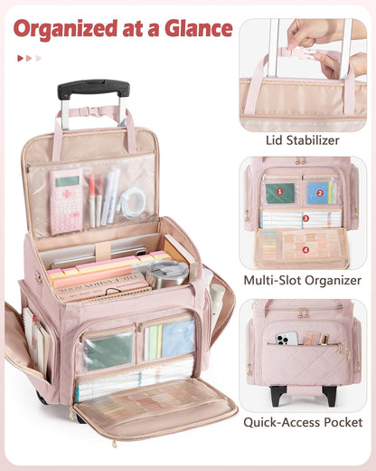 Rolling Teacher Bag with 15.6" Laptop Compartment, Wheeled Work Briefcase Tote with Detachable Trolley for Women, Pink