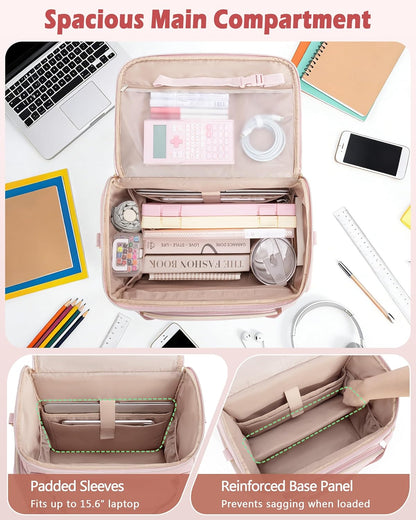 Rolling Teacher Bag with 15.6" Laptop Compartment, Wheeled Work Briefcase Tote with Detachable Trolley for Women, Pink