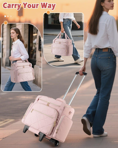 Rolling Teacher Bag with 15.6" Laptop Compartment, Wheeled Work Briefcase Tote with Detachable Trolley for Women, Pink
