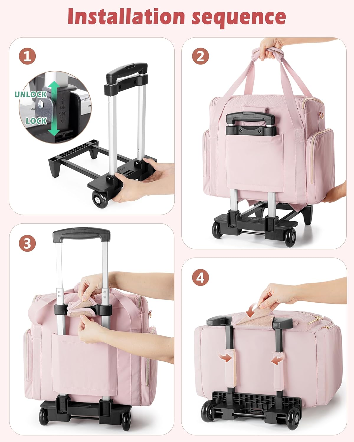Rolling Teacher Bag with 15.6" Laptop Compartment, Wheeled Work Briefcase Tote with Detachable Trolley for Women, Pink