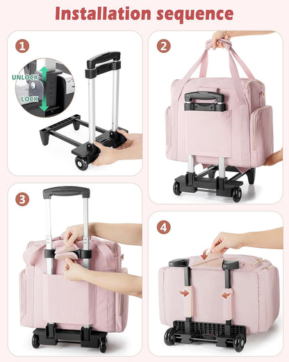 Rolling Teacher Bag with 15.6" Laptop Compartment, Wheeled Work Briefcase Tote with Detachable Trolley for Women, Pink