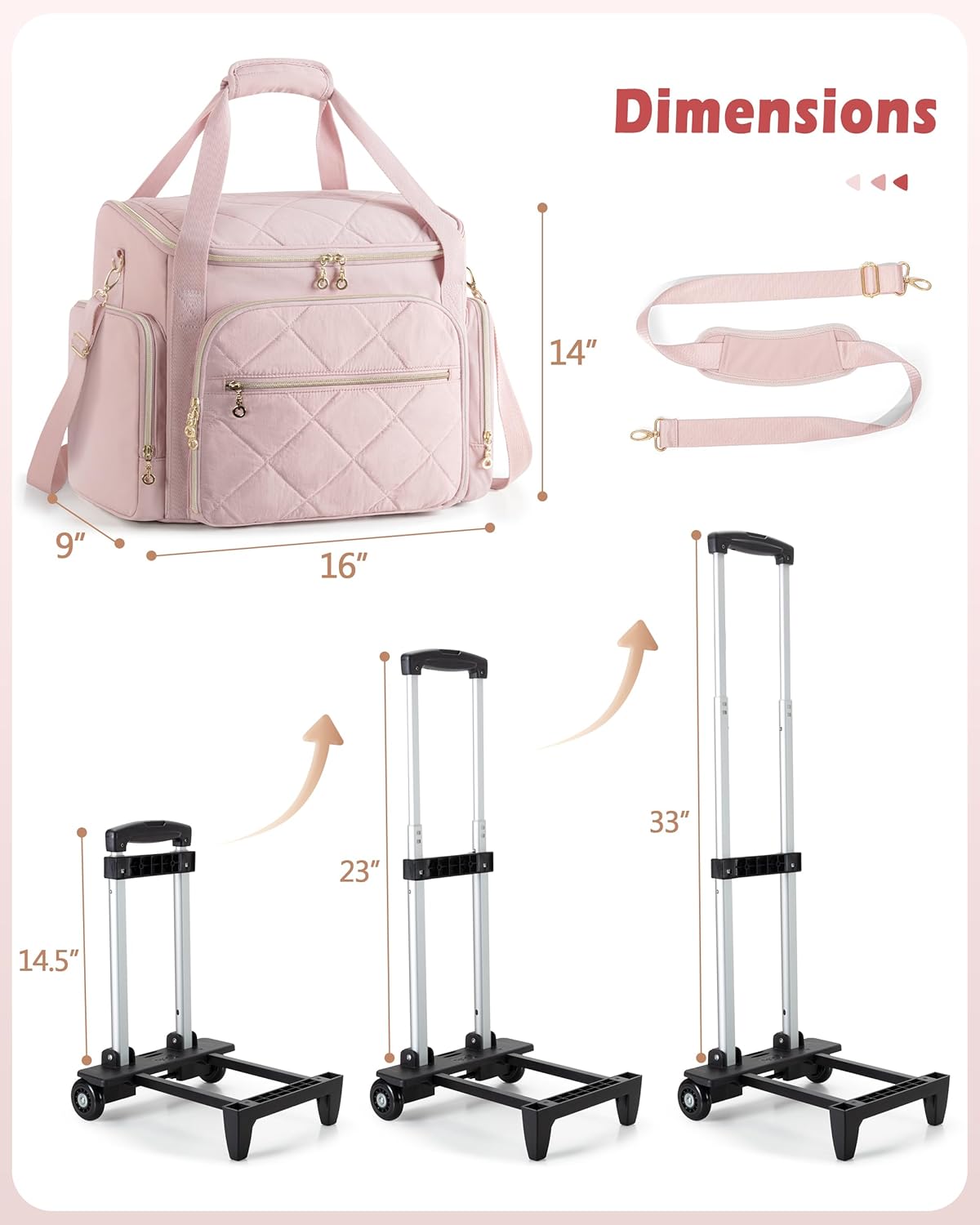 Rolling Teacher Bag with 15.6" Laptop Compartment, Wheeled Work Briefcase Tote with Detachable Trolley for Women, Pink