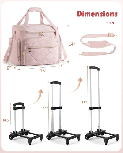 Rolling Teacher Bag with 15.6" Laptop Compartment, Wheeled Work Briefcase Tote with Detachable Trolley for Women, Pink