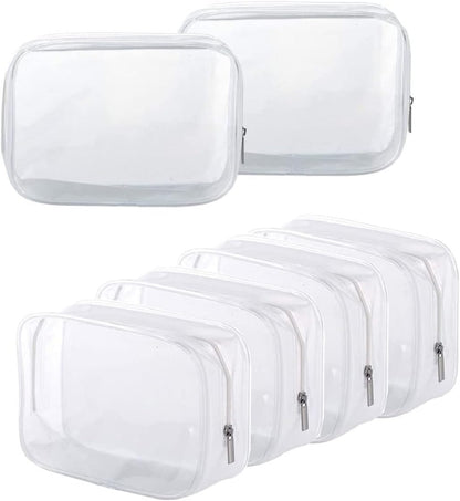 6 Pack Clear Toiletry Carry Pouch with Zipper Portable Plastic Waterproof Cosmetic Bag TSA Approved for Vacation Travel Bathroom and Organizing (White, Large)