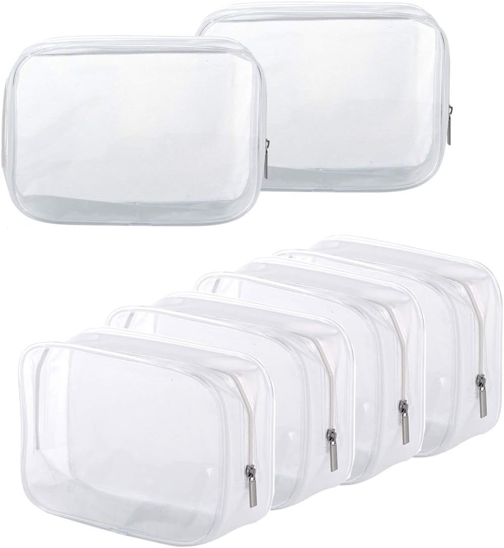6 Pack Clear Toiletry Carry Pouch with Zipper Portable Plastic Waterproof Cosmetic Bag TSA Approved for Vacation Travel Bathroom and Organizing (White, Large)