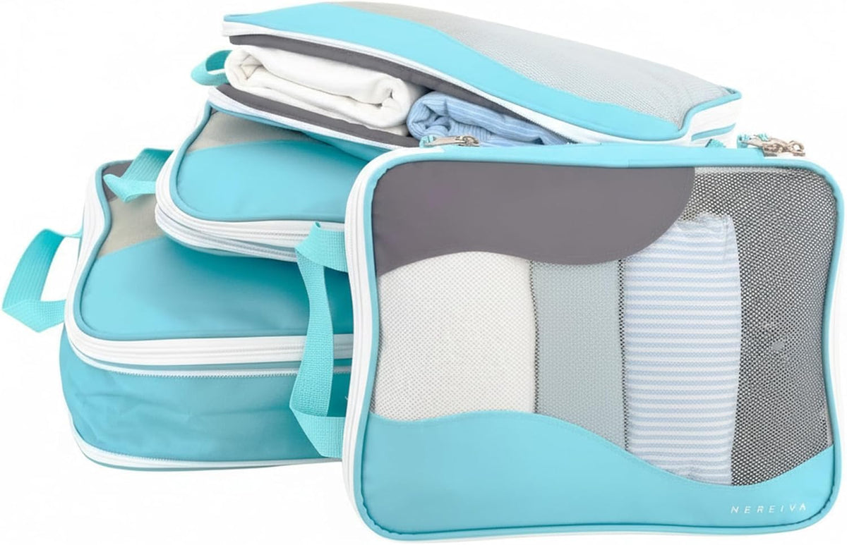 Compression Packing Cubes for Travel, Packing Cubes for Carry on Suitcases, Large Luggage Organizers 4-Pack, Travel Accessories Set for women, Tropical Teal