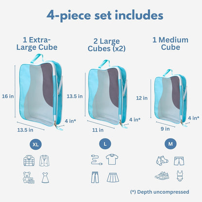 Compression Packing Cubes for Travel, Packing Cubes for Carry on Suitcases, Large Luggage Organizers 4-Pack, Travel Accessories Set for women, Tropical Teal