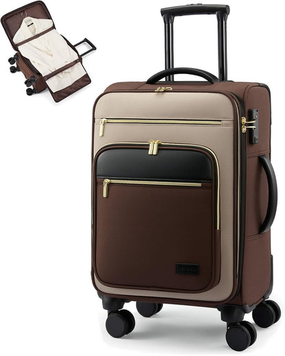Carry on Suitcase 22x14x9 Airline Approved,20 inch Lightweight Waterproof Suitcases with 360° silent swivel wheels, TSA Lock and Compartment, Large Capacity travel Suitcase Apricot-Coffee