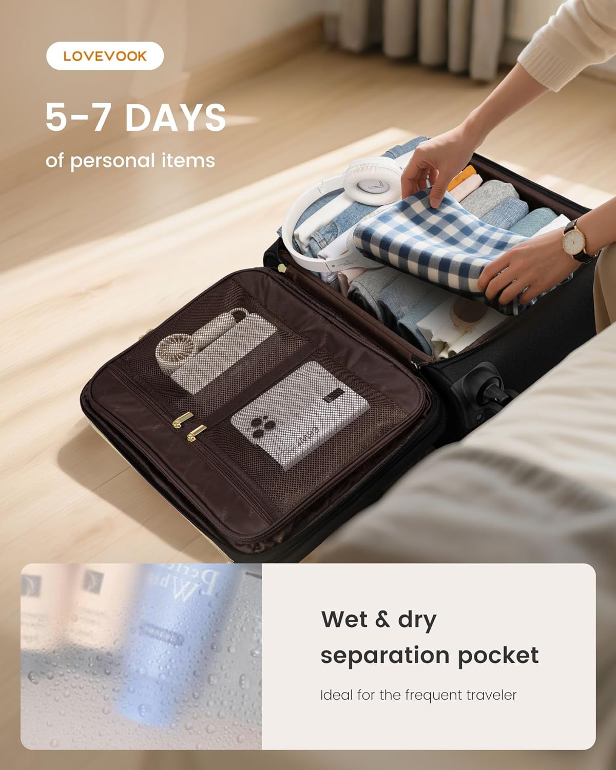 Carry on Suitcase 22x14x9 Airline Approved,20 inch Lightweight Waterproof Suitcases with 360° silent swivel wheels, TSA Lock and Compartment, Large Capacity travel Suitcase Apricot-Coffee