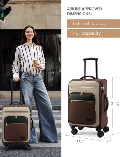 Carry on Suitcase 22x14x9 Airline Approved,20 inch Lightweight Waterproof Suitcases with 360° silent swivel wheels, TSA Lock and Compartment, Large Capacity travel Suitcase Apricot-Coffee