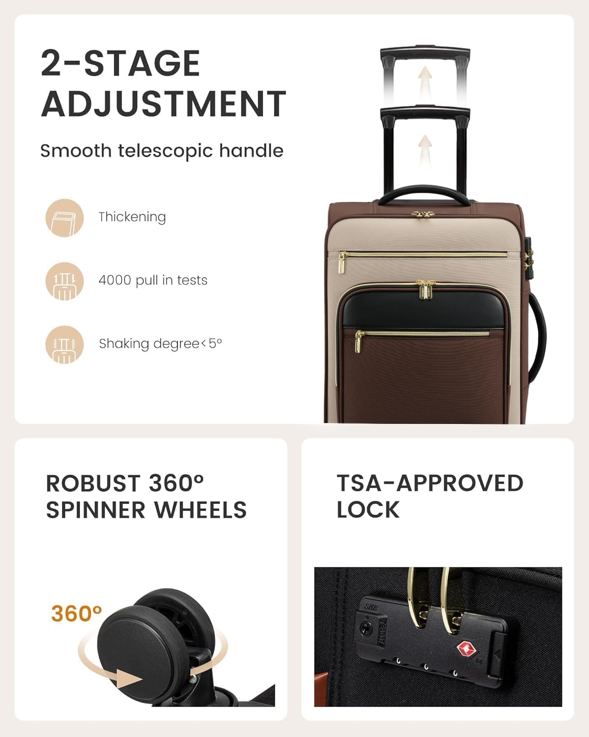 Carry on Suitcase 22x14x9 Airline Approved,20 inch Lightweight Waterproof Suitcases with 360° silent swivel wheels, TSA Lock and Compartment, Large Capacity travel Suitcase Apricot-Coffee