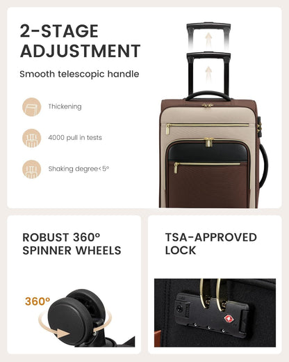 Carry on Suitcase 22x14x9 Airline Approved,20 inch Lightweight Waterproof Suitcases with 360° silent swivel wheels, TSA Lock and Compartment, Large Capacity travel Suitcase Apricot-Coffee