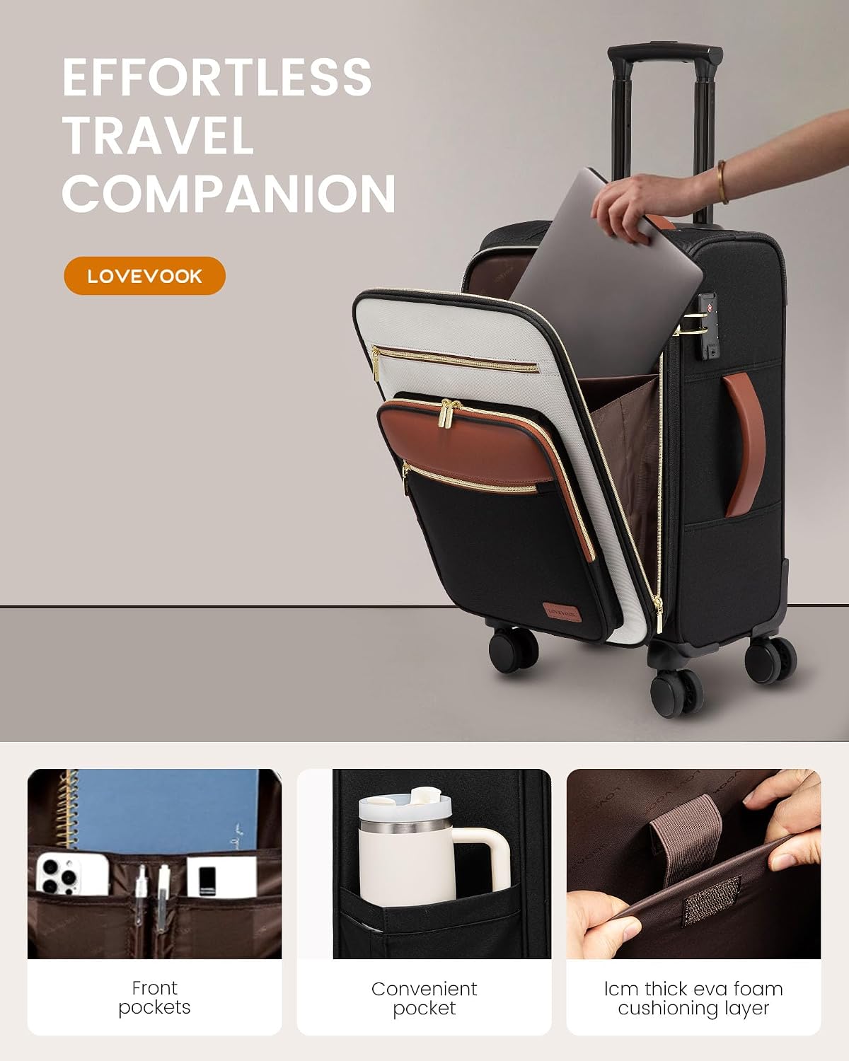 Carry on Suitcase 22x14x9 Airline Approved,20 inch Lightweight Waterproof Suitcases with 360° silent swivel wheels, TSA Lock and Compartment, Large Capacity travel Suitcase Apricot-Coffee