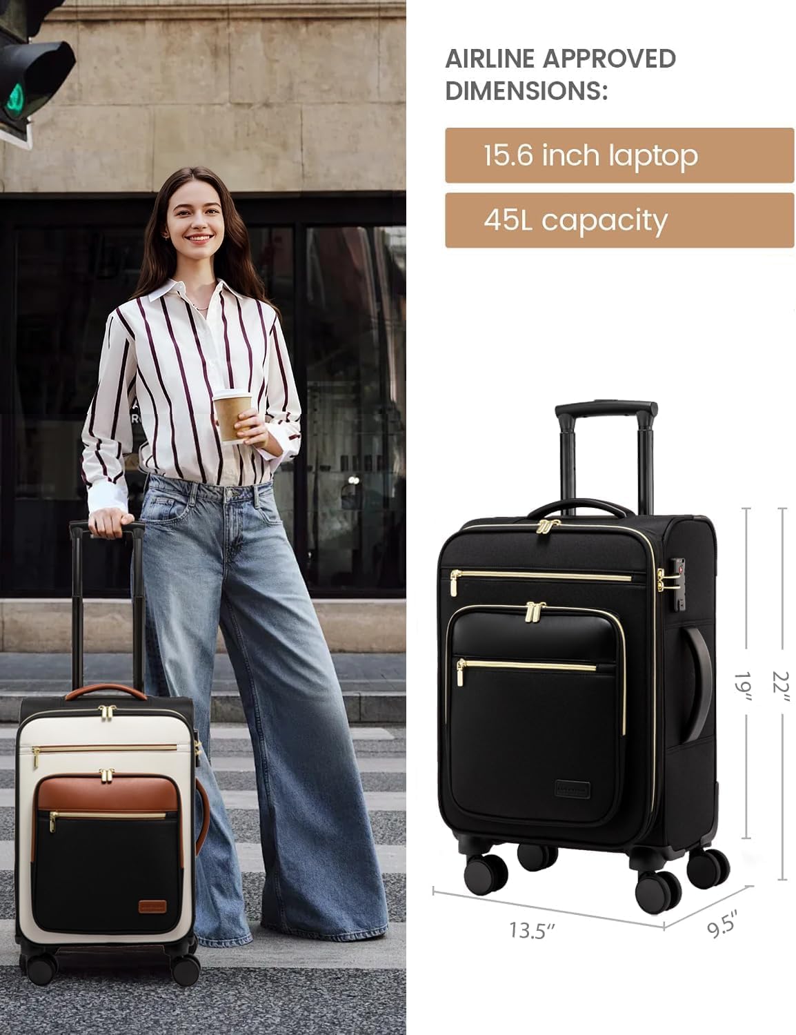 Carry on Suitcase 22x14x9 Airline Approved,20 inch Lightweight Waterproof Suitcases with 360° silent swivel wheels, TSA Lock and Compartment, Large Capacity travel Suitcase Apricot-Coffee