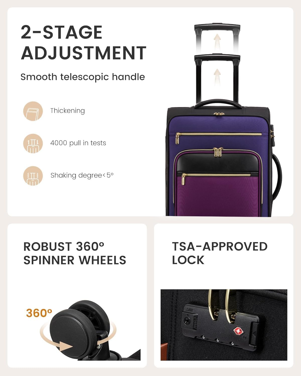 Carry on Suitcase 22x14x9 Airline Approved,20 inch Lightweight Waterproof Suitcases with 360° silent swivel wheels, TSA Lock and Compartment, Large Capacity travel Suitcase Apricot-Coffee