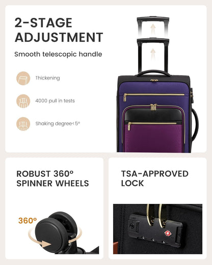 Carry on Suitcase 22x14x9 Airline Approved,20 inch Lightweight Waterproof Suitcases with 360° silent swivel wheels, TSA Lock and Compartment, Large Capacity travel Suitcase Apricot-Coffee
