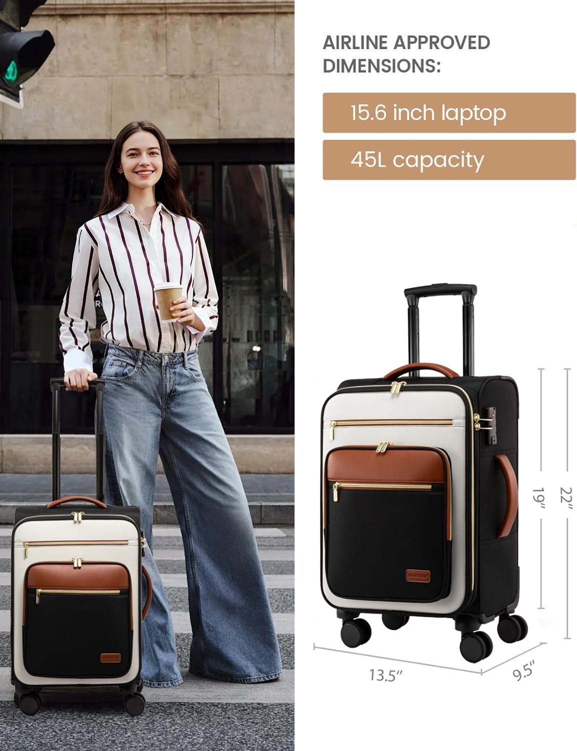 Carry on Suitcase 22x14x9 Airline Approved,20 inch Lightweight Waterproof Suitcases with 360° silent swivel wheels, TSA Lock and Compartment, Large Capacity travel Suitcase Apricot-Coffee