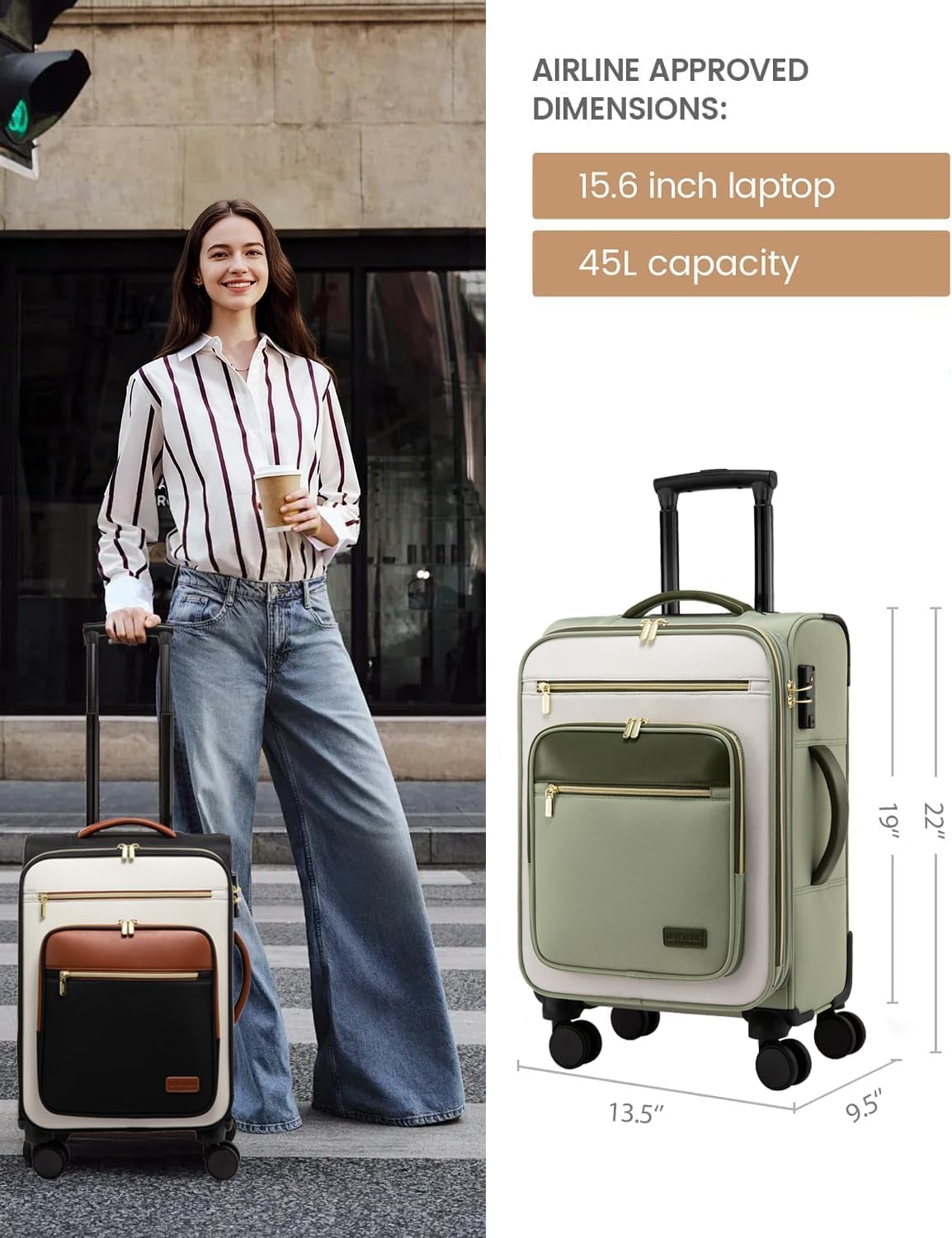 Carry on Suitcase 22x14x9 Airline Approved,20 inch Lightweight Waterproof Suitcases with 360° silent swivel wheels, TSA Lock and Compartment, Large Capacity travel Suitcase Apricot-Coffee
