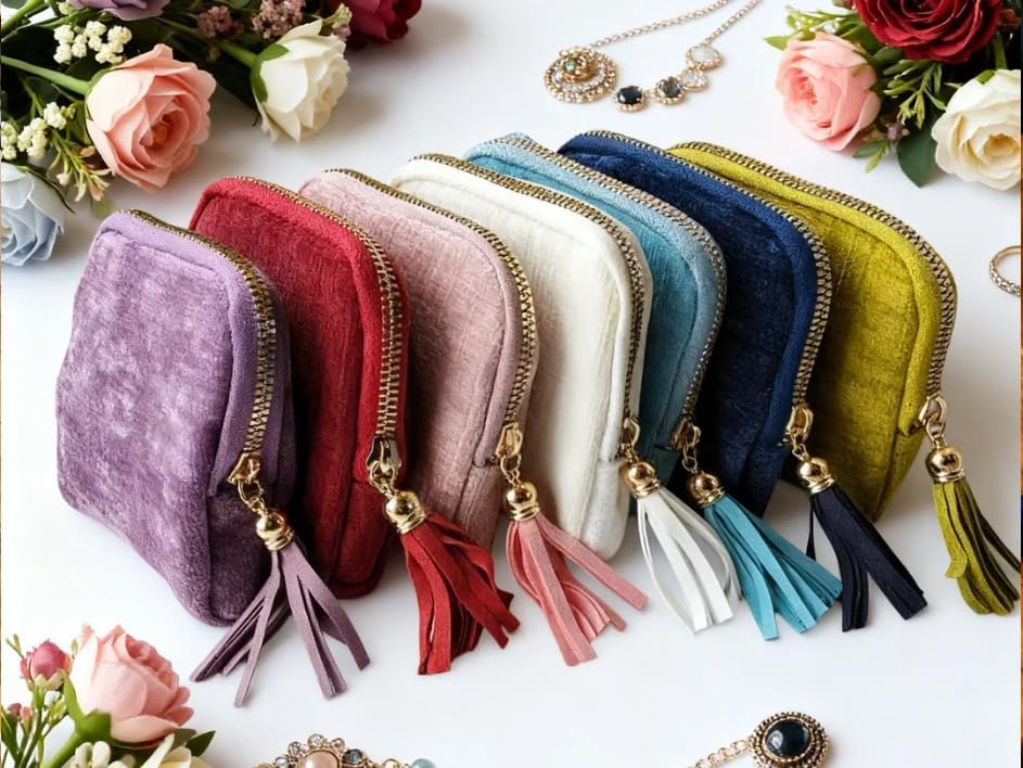 Travel Jewelry Case Soft Velvet Organizer Pouch 6 Layer Zipper Portable Jewelry Bag for Bracelet Rings Earrings Necklace Bangle Tangle-Free Storage Mini Travel Case Women Gifts-Red