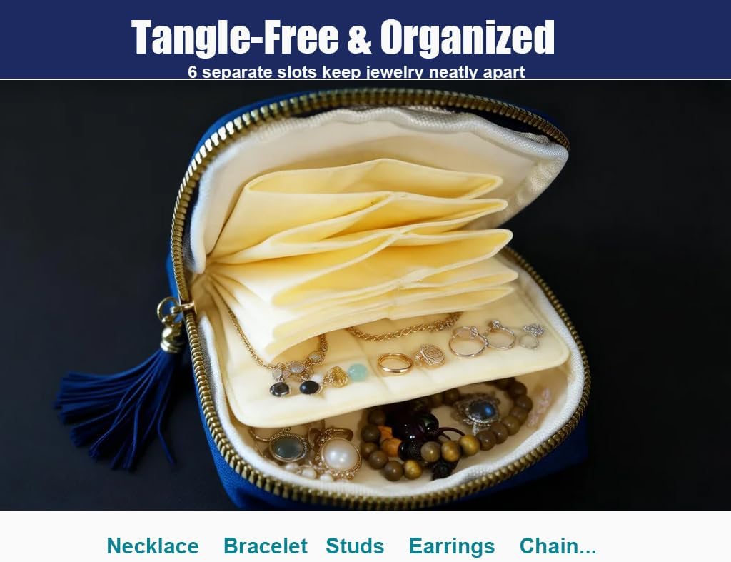 Travel Jewelry Case Soft Velvet Organizer Pouch 6 Layer Zipper Portable Jewelry Bag for Bracelet Rings Earrings Necklace Bangle Tangle-Free Storage Mini Travel Case Women Gifts-Red