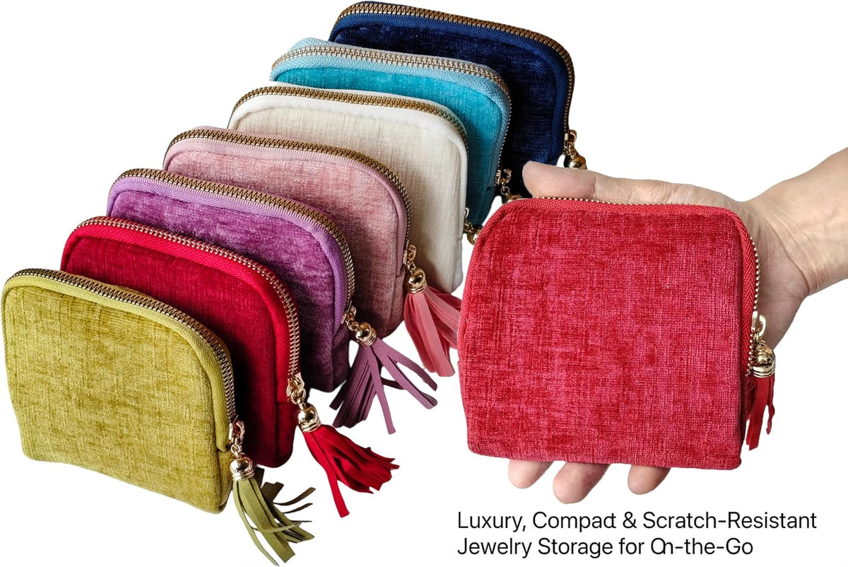 Travel Jewelry Case Soft Velvet Organizer Pouch 6 Layer Zipper Portable Jewelry Bag for Bracelet Rings Earrings Necklace Bangle Tangle-Free Storage Mini Travel Case Women Gifts-Red