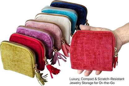 Travel Jewelry Case Soft Velvet Organizer Pouch 6 Layer Zipper Portable Jewelry Bag for Bracelet Rings Earrings Necklace Bangle Tangle-Free Storage Mini Travel Case Women Gifts-Red