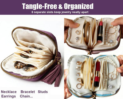 Travel Jewelry Case Soft Velvet Organizer Pouch 6 Layer Zipper Portable Jewelry Bag for Bracelet Rings Earrings Necklace Bangle Tangle-Free Storage Mini Travel Case Women Gifts-Red