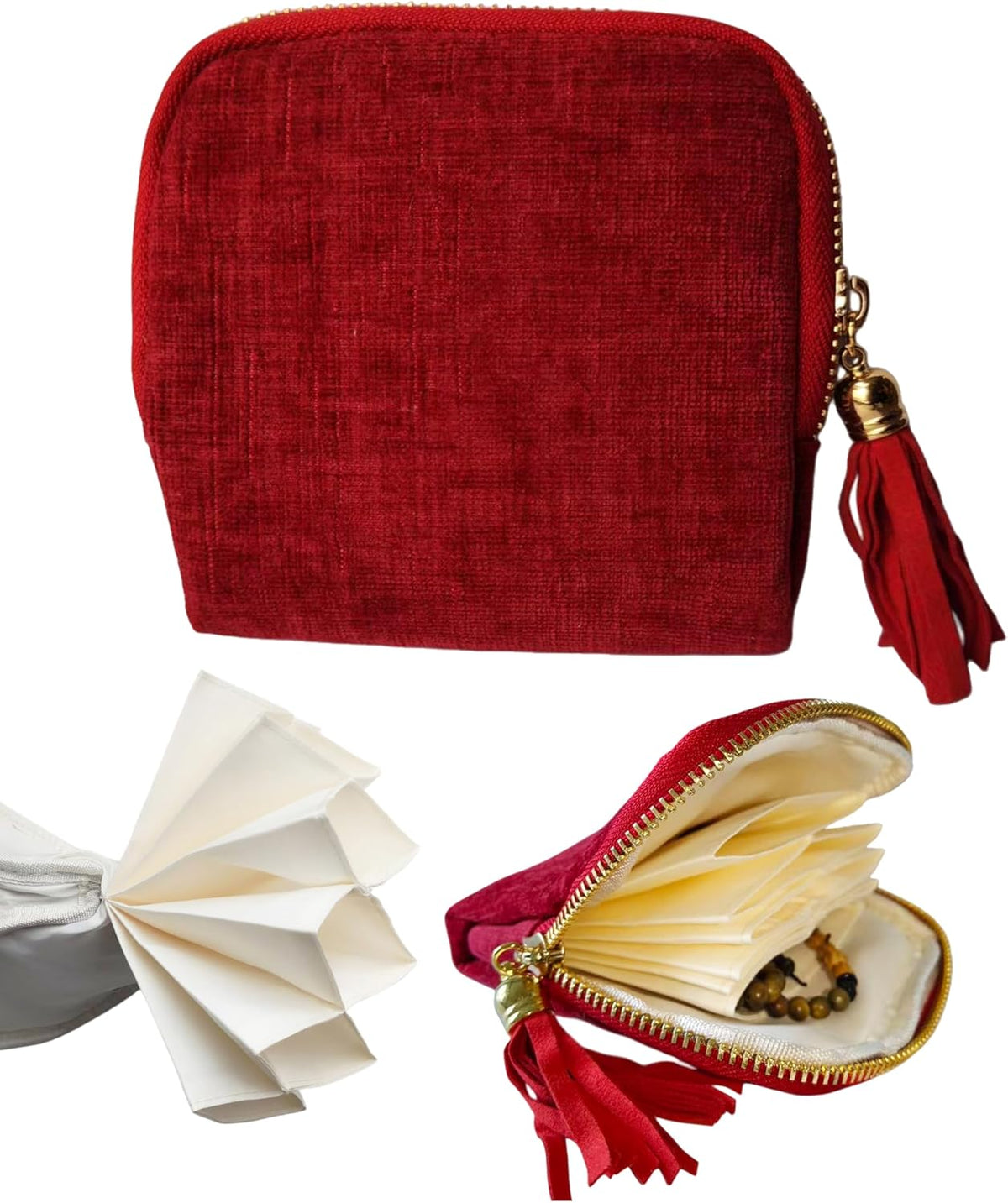 Travel Jewelry Case Soft Velvet Organizer Pouch 6 Layer Zipper Portable Jewelry Bag for Bracelet Rings Earrings Necklace Bangle Tangle-Free Storage Mini Travel Case Women Gifts-Red