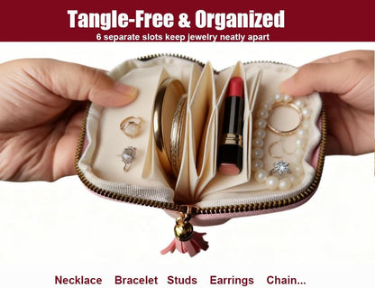 Travel Jewelry Case Soft Velvet Organizer Pouch 6 Layer Zipper Portable Jewelry Bag for Bracelet Rings Earrings Necklace Bangle Tangle-Free Storage Mini Travel Case Women Gifts-Red
