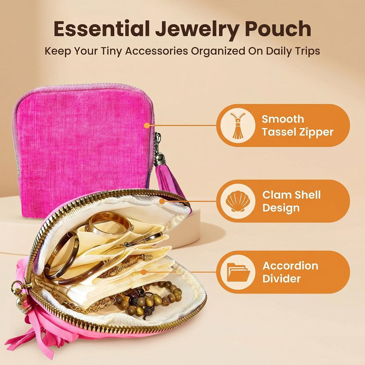 Travel Jewelry Case Soft Velvet Organizer Pouch 6 Layer Zipper Portable Jewelry Bag for Bracelet Rings Earrings Necklace Bangle Tangle-Free Storage Mini Travel Case Women Gifts-Red